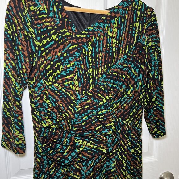 David Meister Dress 10 Black Green Blue Career Stretch 3/4 Sleeve Asymmetrical - Picture 2 of 10